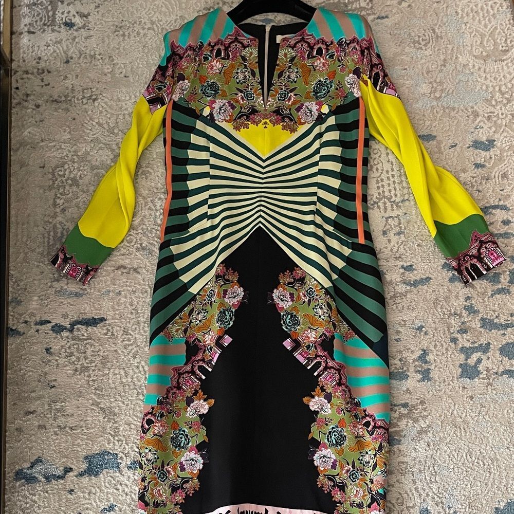 Etro Yellow and Black Geometric Floral Midi Dress